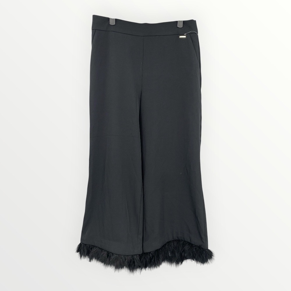 Anne Klein AK Black Wide Leg Feather Trim Trousers‎ Womens Medium Gothic Boudoir